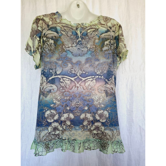 Women's energe Top XL Blue Green bohemian floral Y2K 90s - Picture 4 of 5
